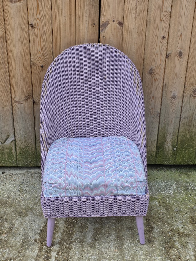 Vintage Lloyd loom style chair with lilac patterned cushion