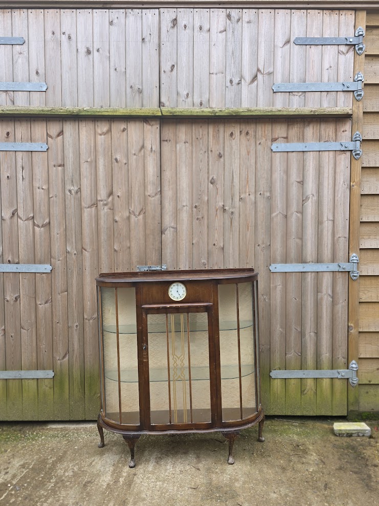 Vintage walnut veneer display cabinet with built in Smiths clock for restoration