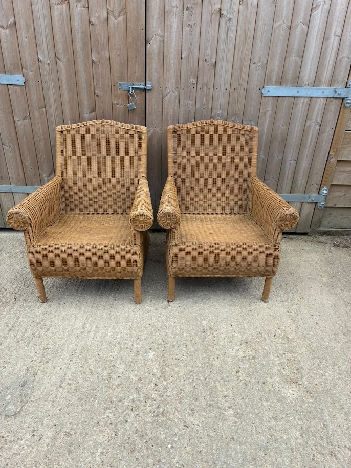Pair of vintage high back rattan and wicker armchairs