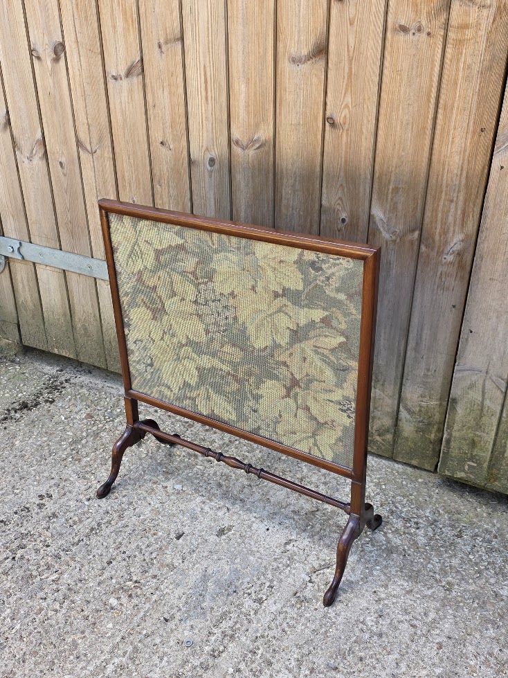 Antique/Vintage fire screen with floral needlepoint tapestry panel